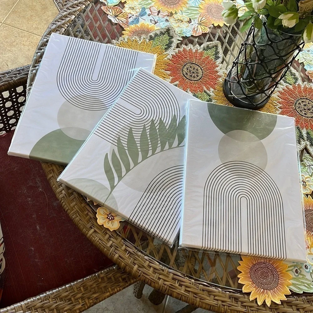 Brand New Set of 3 Wood Framed Canvases Sage Boho Wall Art Minimalist Decor
